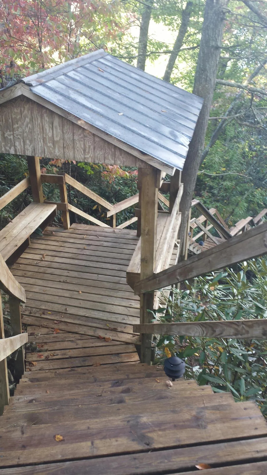 Metal roofed shelter over wooden steps on a wooded walkway — Skylight Repair & Installation work by our crew in Pierceton